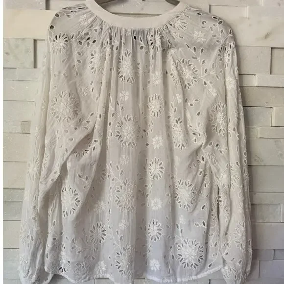 JOHNNY WAS Jade Castillo Silk Cotton Eyelet Tassels Peasant Blouse Top White M - Picture 3 of 6
